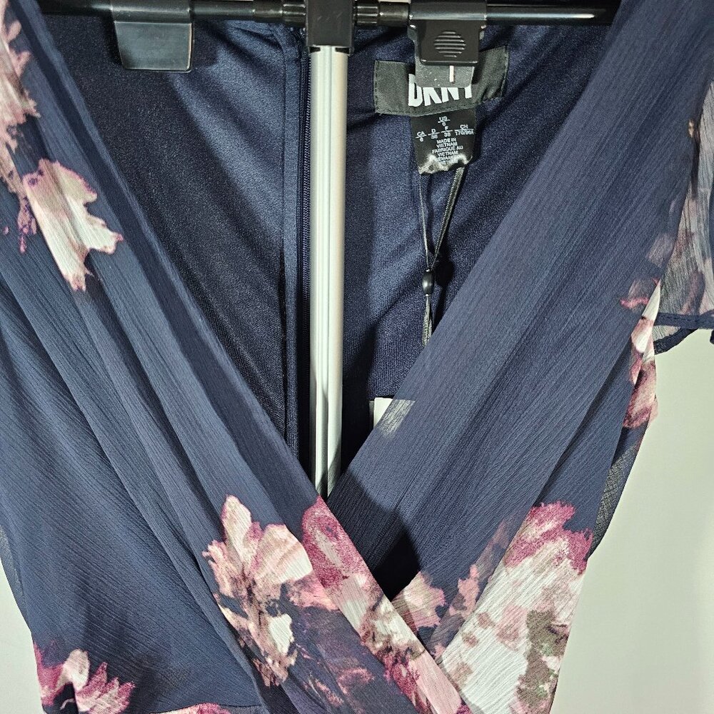 DKNY Womens Navy Floral Midi Flutter Sleeve Wrap Dress Size 6 - Picture 4 of 12